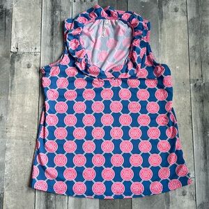 💗Lulu B blouse, pink blue ruffle neck size small sleeveless